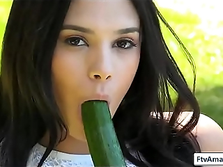 Brunette Super Main Have Sexual Intercourse The Brush Pussy Respecting Cucumber Outdoors